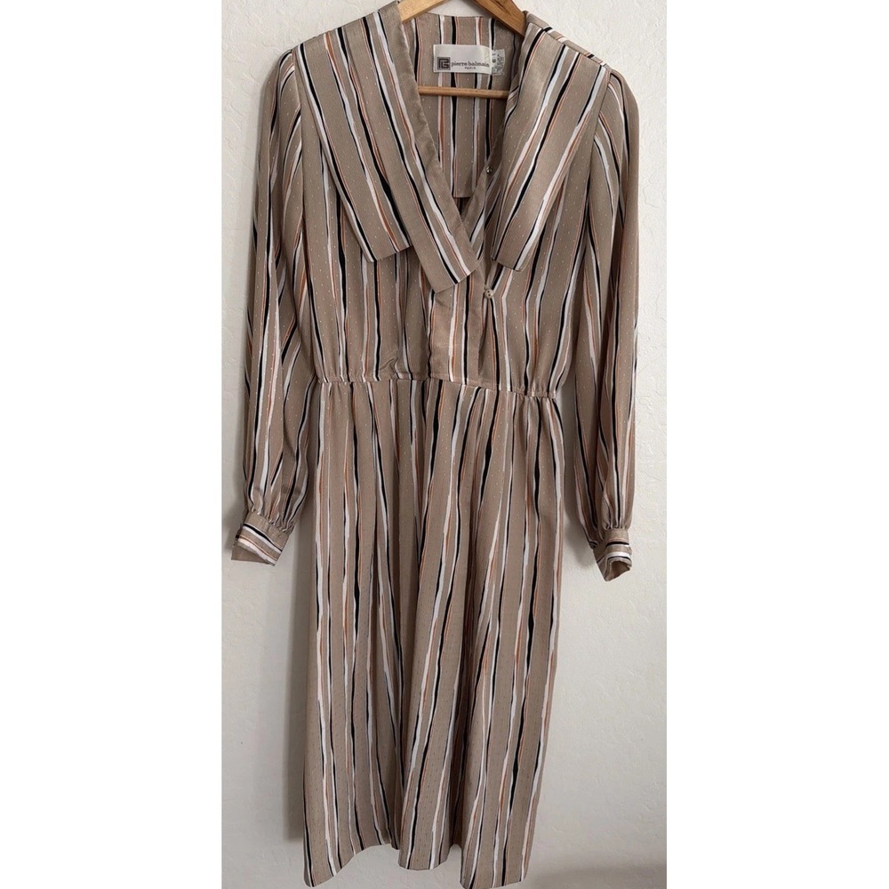 PIERRE BALMAIN Vtg Taupe 6 Dress Stripe Longsleeve Career Collared 70s 80s